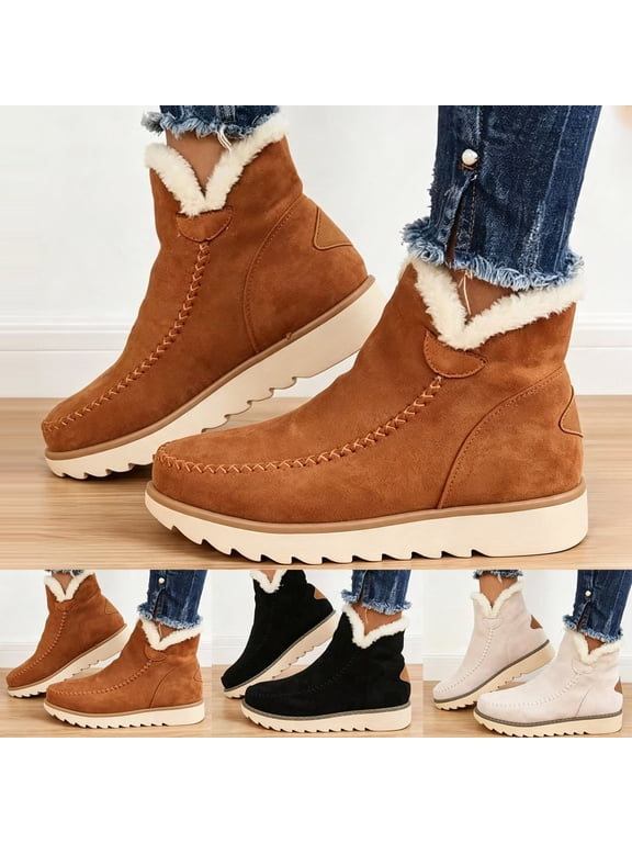 Retro Suede Winter Boots for Women Fleece Lined Warm Slip on Ankle Snow Booties for Cold Weather