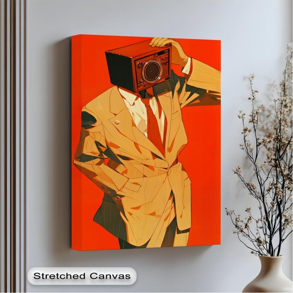 Retro Suit Man Art Surreal Camera Head Design In Gold Wall Art, Unframed Paper Print