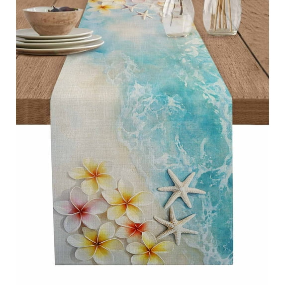 Retro Summer Beach Burlap Cotton Table Runner 13x120 Inches Long, Flowers Ocean Starfish Coastal Farmhouse Table Runners, Outdoor Dining Tablecloths Decor for Baby Shower/Party/Wedding