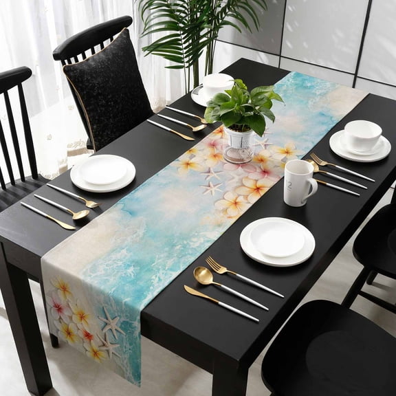 Retro Summer Beach Cotton Linen Table Runner 13 x 90 inch Flowers Ocean Starfish Coastal Non-slip Rectangular Dining Table Decor for Wedding Party Holiday Dinner