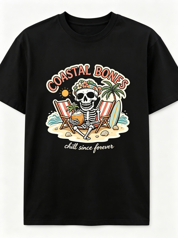 Retro Summer Coastal Graphic Tee Coastal Bones Chill Since Forever Hawaiian Aloha Skeleton Beach Chair Palm Tree Seashell Print All Seasons Casual Short Sleeve T Shirt