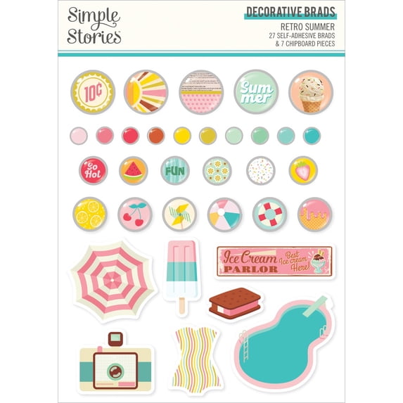 Retro Summer Decorative Brads-27 Brads, 6 Chipboard