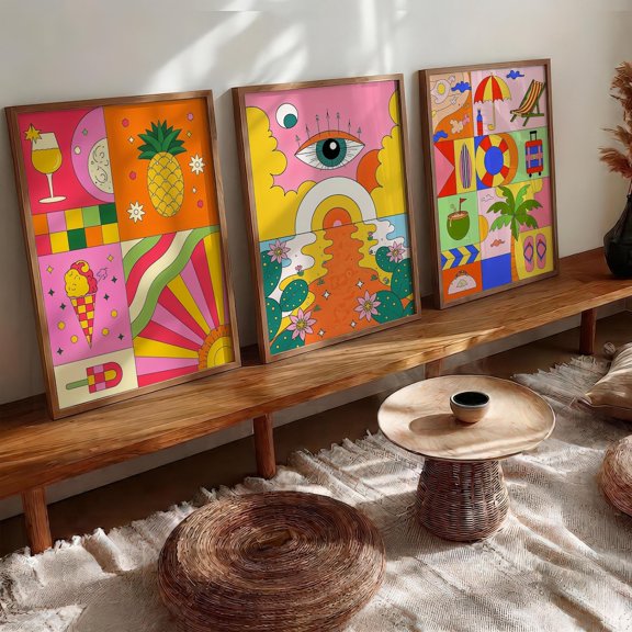 Retro Summer Framed Print Groovy Abstract Wall Art Vibrant Boho Decor for Living Room Set 3