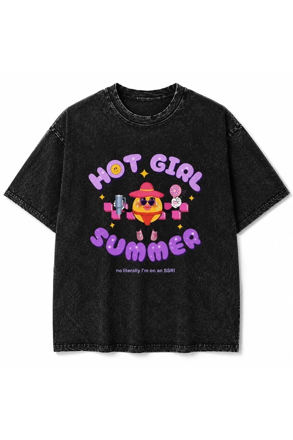 Retro Summer Graphic Washed T-Shirt, Unisex Classic Fit Cotton Tee