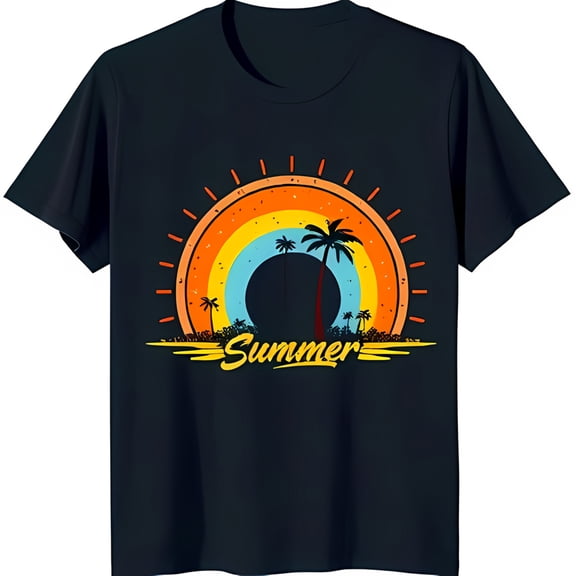 Retro Summer Graphic on Dark T-Shirt Vibrant & Trees