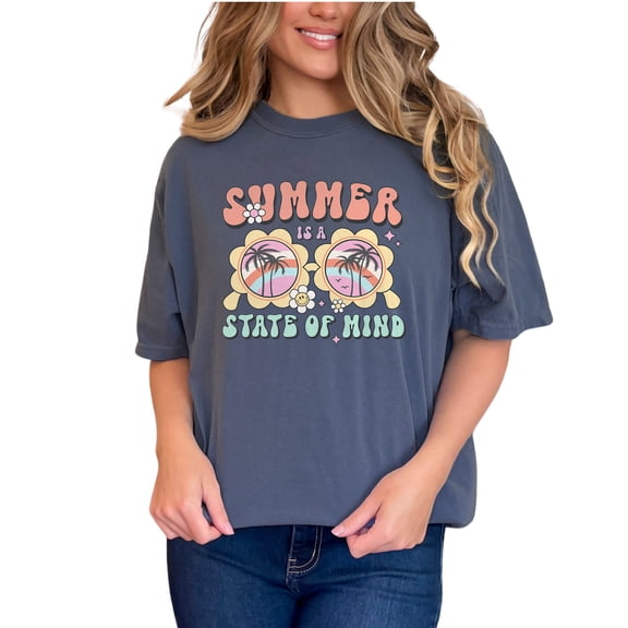 Retro Summer Is a State of Mind & Sunglasses Art, Denim Comfort Colors T-Shirt, Large