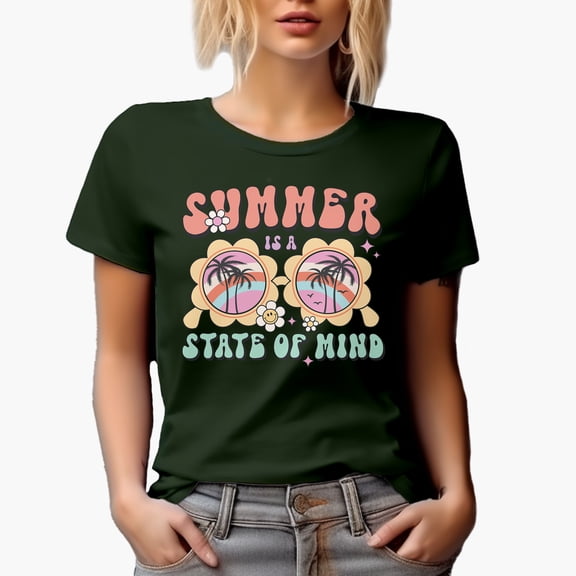 Retro Summer Is a State of Mind & Sunglasses Art, Military Green T-Shirt, Medium