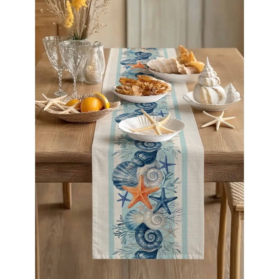 Retro Summer Sea Stars Shells Corals Table Runner 13x90in Non-Slip Cotton Linen Table Runners, Blue Striped Dresser Scarves TableRunner for Dinner Kitchen Dining Wedding Party