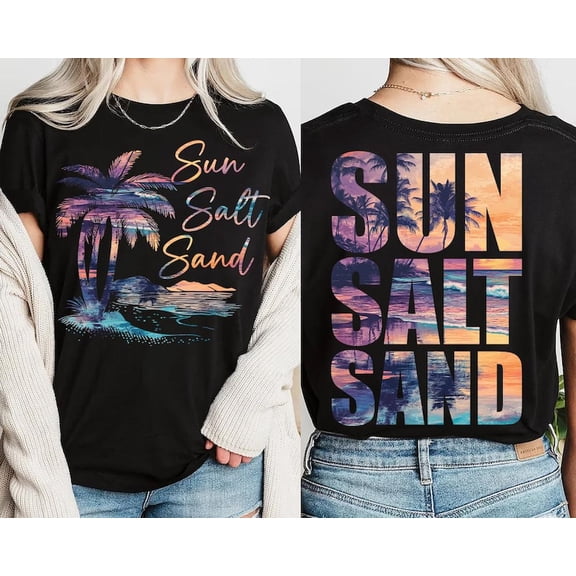 Retro Summer Sun Salt Sand T-Shirt, Sunset Beach Vibes Tee, Salty Summer Vacation Shirt, Trendy Coastal Aesthetic Shirt for Women