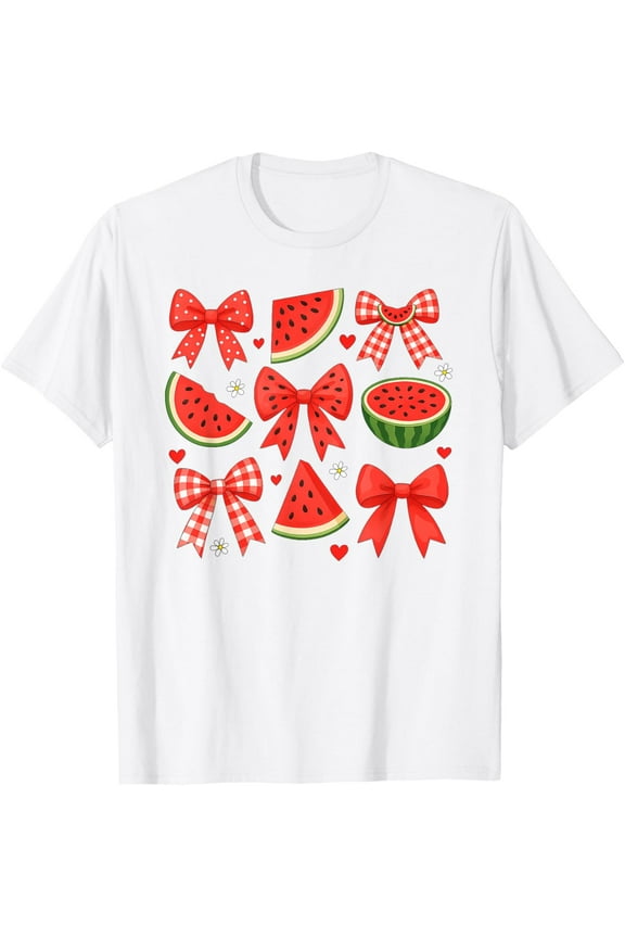 Retro Summer Vibes Coquette Bow Watermelon Summer Vacation T-ShirtMen's and women's pure cotton short-sleeved shirts