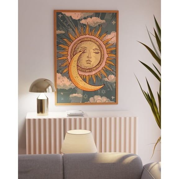 Retro Sun And Moon Wall Art Print, 70s Celestial Home Decor Unframed Paper Print