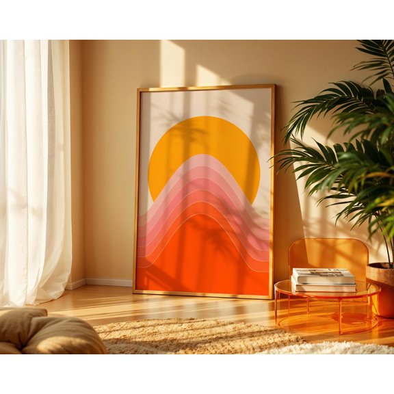 Retro Sun And Waves Art Print, 70s Sunset Landscape Poster, Mid Century Modern Mountain Wall Art, Groovy Pink And Orange Horizon , Poster Print Only