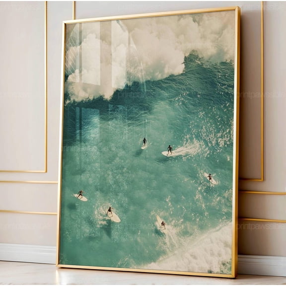 Retro Sun Beach House Decor Sage Green Tiny Surfer Wall Art Print Aerial Photo Surfboard, Unframed Canvas 16x20in
