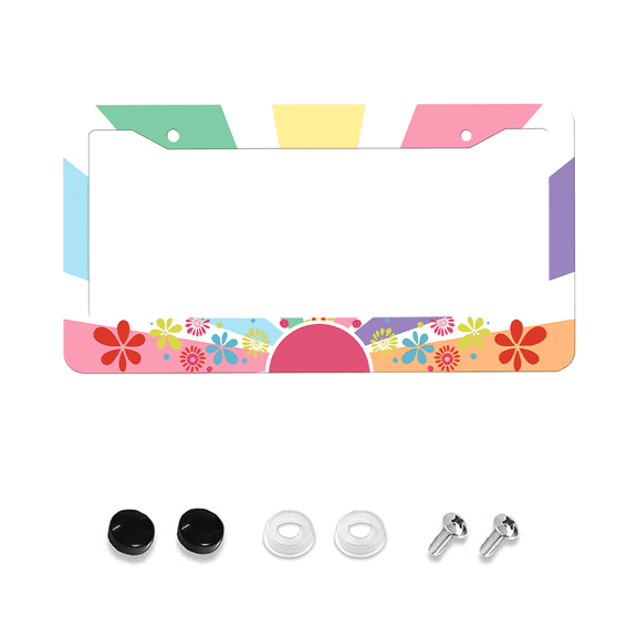 Retro Sun Boho Floral License Plate Frame Colorful Hippie Flowers License Plate Holder Funny License Plate Car Decoration Aluminium Car Accessory with Screws Men Women 12" x 6"