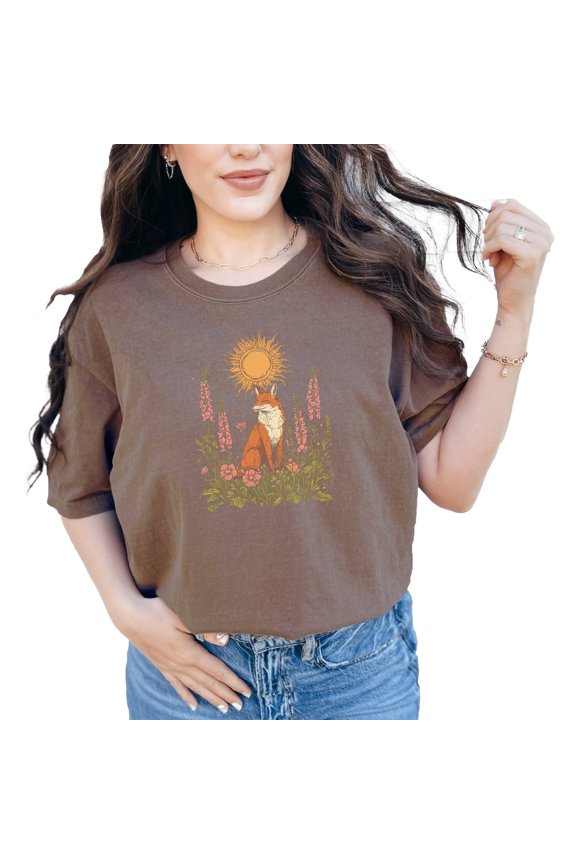 Retro Sun Fox Graphic Tee, Nature Fox T-Shirt, Vintage Style Animal Print, Boho Sun and Fox Tee, Fox and Floral Art Shirt, Wild Fox Tee, Espresso Comfort Colors T-Shirt, Medium