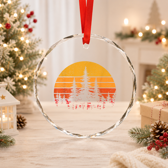 Retro Sun Minimalist Pine Tree Wildlife Trees Outdoor Nature Classic Theme Glass Ornament