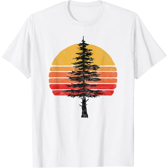 Retro Sun Minimalist White Pine Tree Illustration Graphic T-Shirt