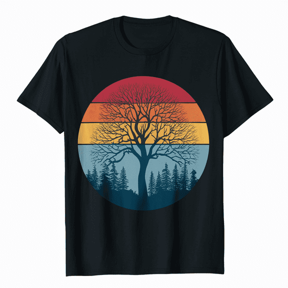 Retro Sun Minimalist White Tree Design Graphic T-Shirt