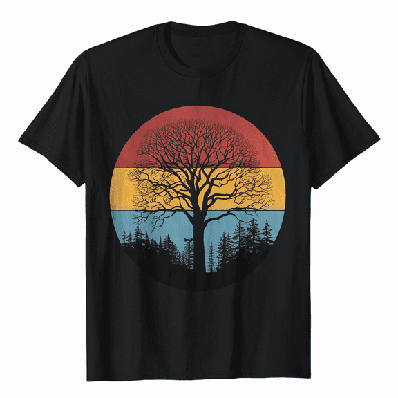 Retro Sun Minimalist White Tree Design Graphic T-Shirt