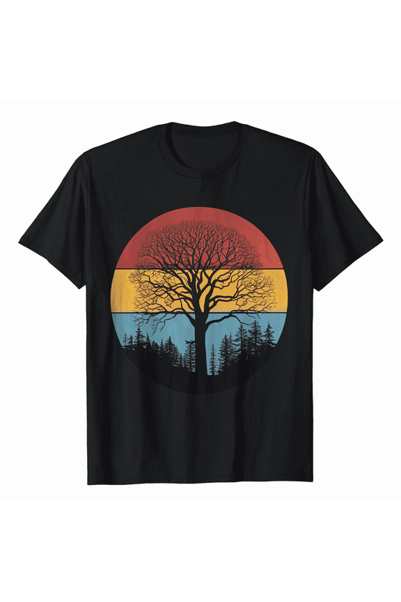 Retro Sun Minimalist White Tree Design Graphic T-Shirt