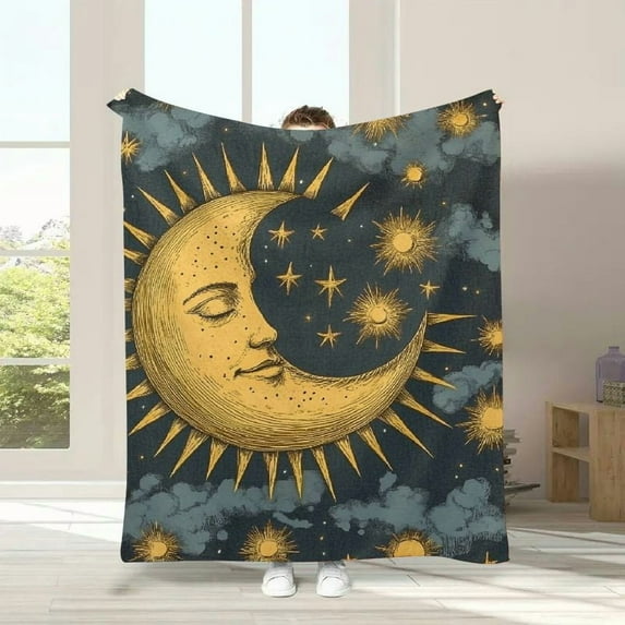 Retro Sun and Moon Blanket Gifts for Adults for Living Room Bedding Couch Soft Lightweight Warm Cozy Vintage Stars Clouds in The Sky Throw Blankets Decor