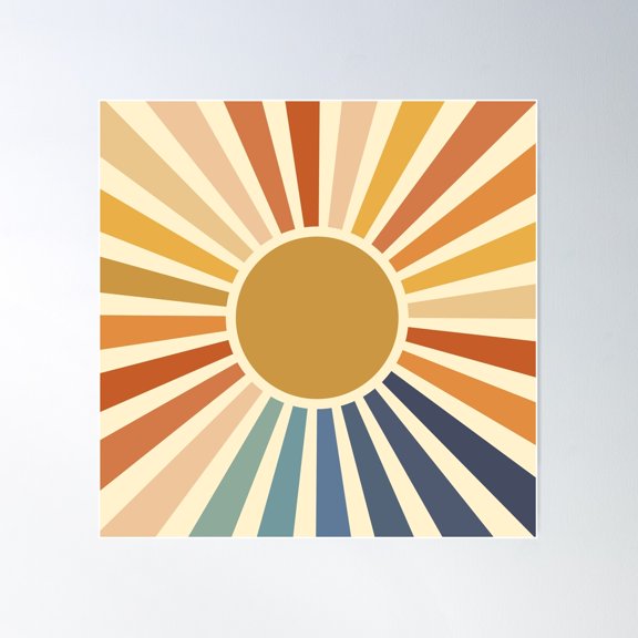 Retro Sun Rays 70S Rainbow Pattern Poster Wall Art, Modern Wall Decor For Living Room Bedroom, 24x24 UNFRAMED