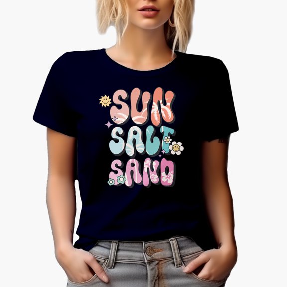 Retro Sun, Salt, Sand, Groovy Wavy Text Summer Merch Gift, Navy Blue T-Shirt, XL