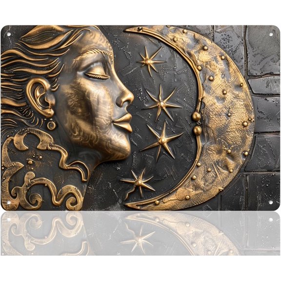 Retro Sun and Moon Metal Tin Sign, Vintage Flat Printing Wall Art Decor Plaque, 12 x 8 Inch for Home, Garage, Cafe, Bar, Club