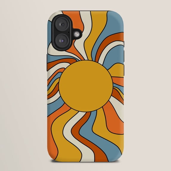 Orange Blue Rays Retro Sun and Wavy Rays Tough Phone Case for Apple iPhone, Mustard ...