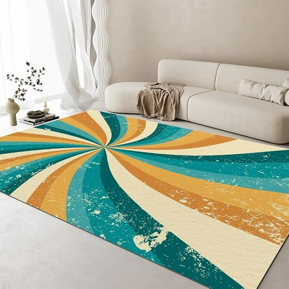 Retro Sunburst Background Area Rug, Modern Multicolor Style Art Design Living Room Rug, Soft Low Pile Dining Room Carpet, Washable Non-Slip Bedroom Nursery Kitchen Office Rugs 3 x 5ft