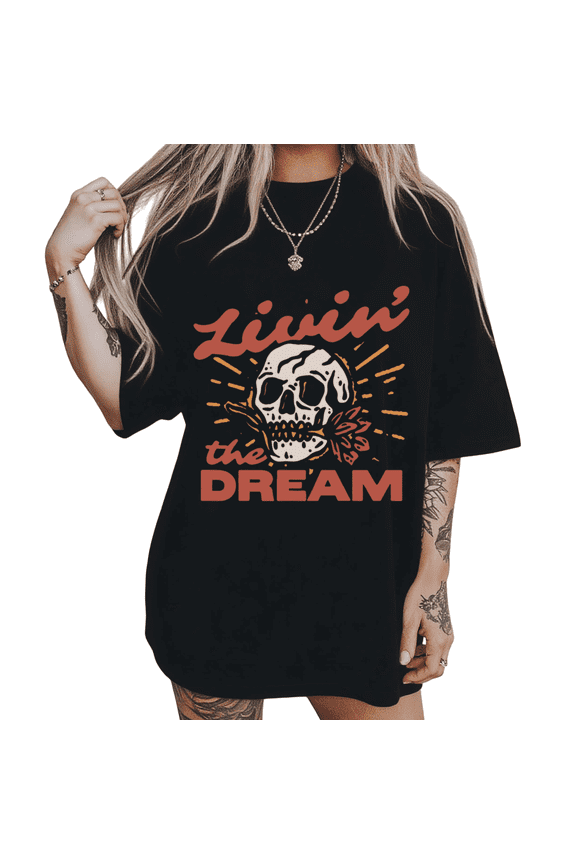 Retro Sunburst Skull Livin The Dream Print Tshirt Black S-5XL Cool Graphic Tees Shirts Tops