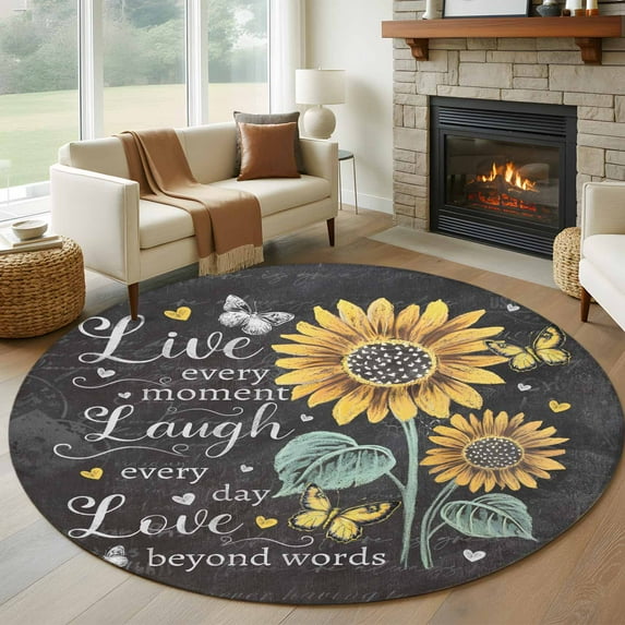 Retro Sunflower 5ft Round Rug, Spring Summer Farmhouse Floral Butterfly Non-Skid Rubber Backing Large Area Rugs - Living Room Bedroom Home Office, Indoor Floor Mat Carpets Washable Rug