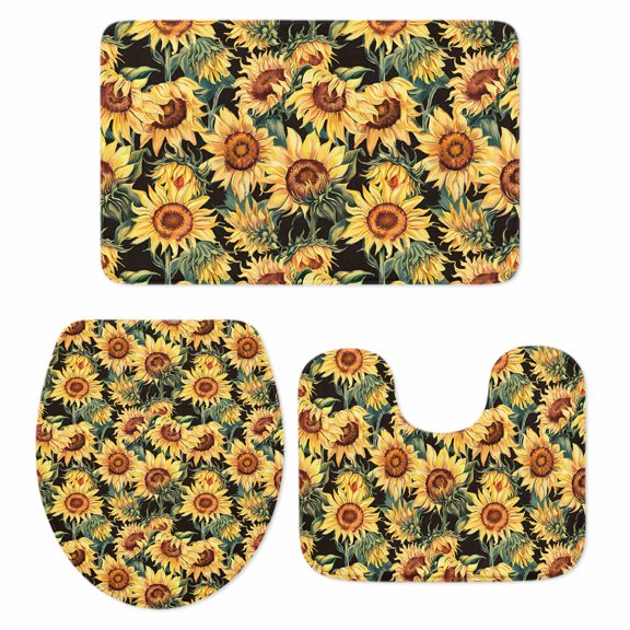 Retro Sunflower Bath Mat 3 Piece Bathroom Rug Set, Farmhouse Floral Botanical Non Slip Bath Rug Contour Mat and Toilet Lid Cover, Absorbent Shower Mats Soft Bath Rugs and Mats Sets