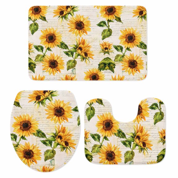 Retro Sunflower Bath Mat 3 Piece Bathroom Rug Set, Watercolor Letter Flowers Non Slip Bath Rug Contour Mat and Toilet Lid Cover, Absorbent Shower Mats Soft Bath Rugs and Mats Sets