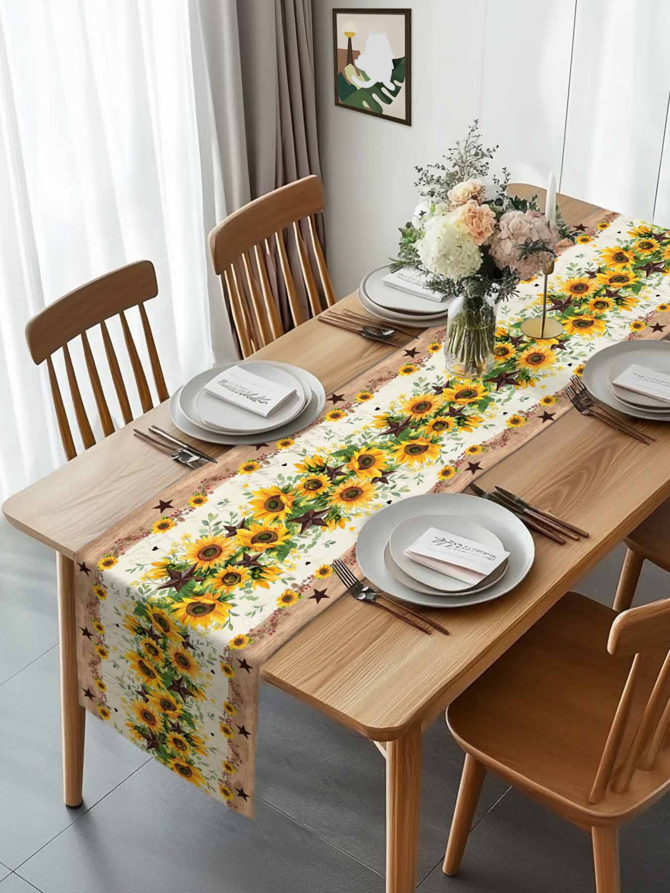 Retro Sunflower Bee Country Star Table Runner 90 Inches Long, Farmhouse Wood Grain Table Runners Tabletop Scarf Kitchen Dining Tables Decoration for Home Party Indoor Outdoor