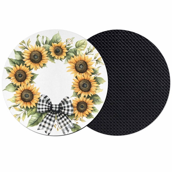 Retro Sunflower Coasters for Drinks,Absorbent Non Slip Rubber Drink Coasters Set of 2 for Cup,Table,Bar,Home Decor, Rustic Farmhouse Plaid Bow