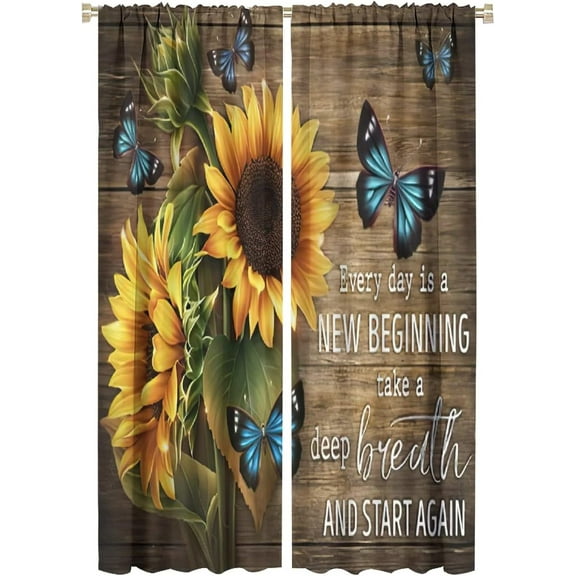 Retro Sunflower Curtains Plants Floral Butterfly Rustic Farmhouse Wooden Board Decor Window Treatment for Kitchen Bedroom Living Room Children''s Room Rod Pocket Blackout Window Drapes 42x63in