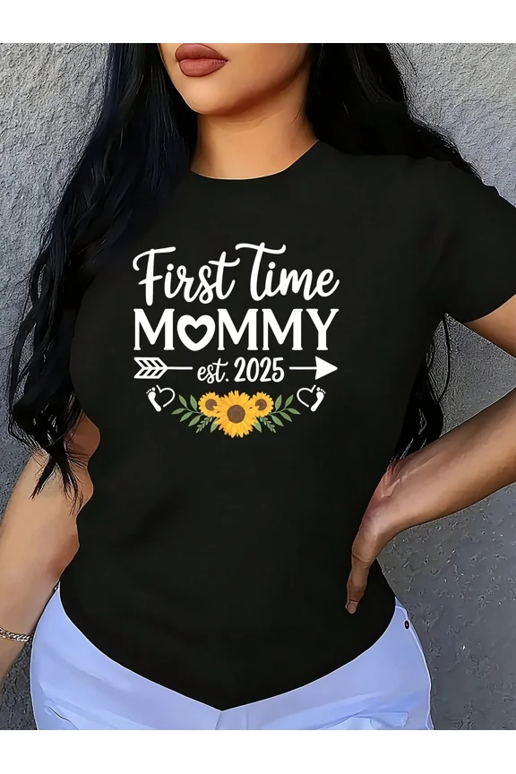 Retro Sunflower First Time Mommy Est 2025 Pregnancy Reveal T-Shirt Mother To Be Graphic Short Sleeve Top Cute Expecting Mom Apparel