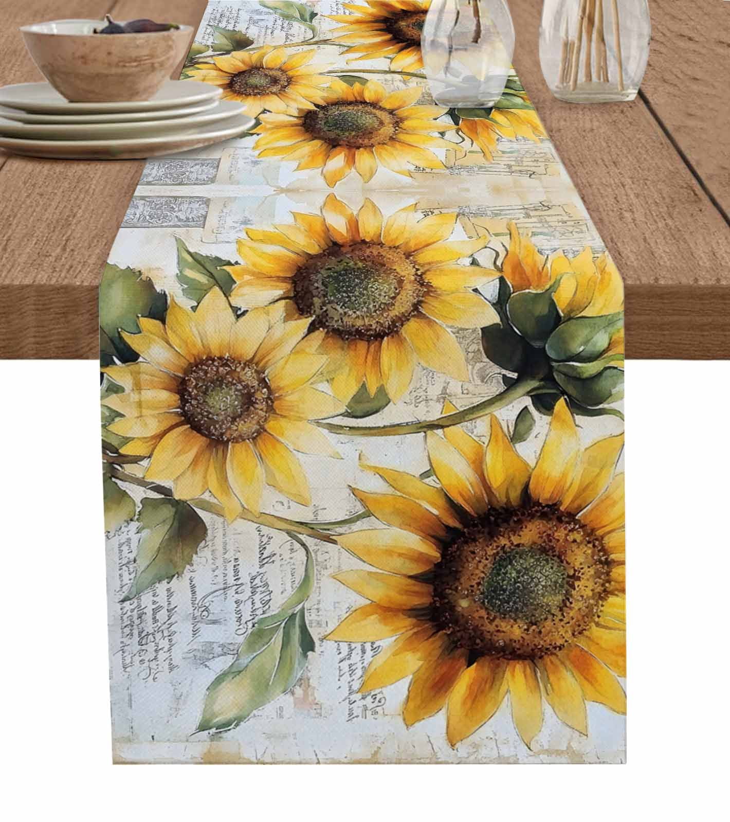 Spring Table Runner 108 Retro Sunflower Floral Table Runner 108 Inches, Spring Botanical ...