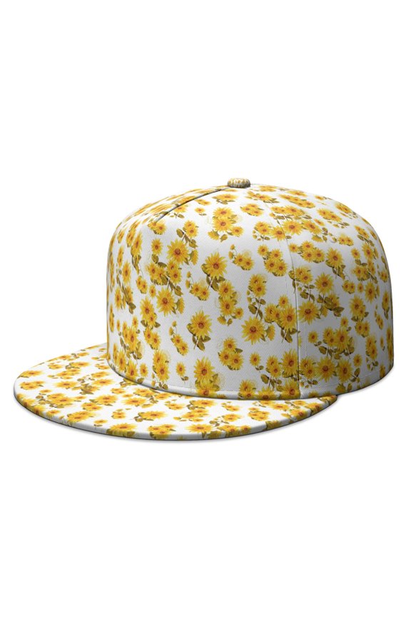 Retro Sunflower Graphic Flat Brim Hat - Adjustable Full Panel Cap for Men Women - Country Floral Streetwear