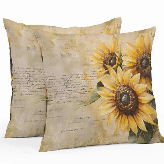 Retro Sunflower Outdoor Pillow Covers Pack of 2 Pastoral Floral Painting Newspaper Background Waterproof Throw Pillow Covers Decorative Cushion Cases for Patio Garden Tent Balcony Couch 18x18 inch