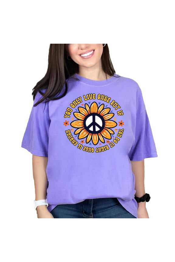 Retro Sunflower Peace Sign T-shirt, You Only Live Once Do It Right Graphic Tee, Inspirational Quote Shirt, Casual Summer Top, Violet Comfort Colors T-Shirt, 3XL