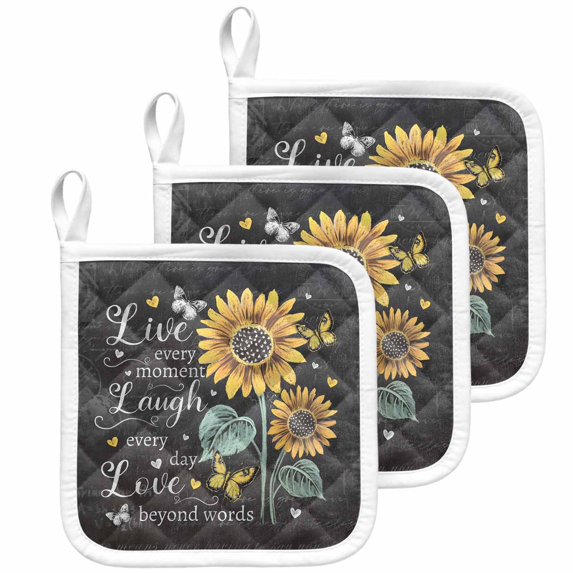 Retro Sunflower Pot Holders for Kitchen Heatproof Potholder, 3 Pack Spring Summer Farmhouse Floral Butterfly Hot Pads Multipurpose Oven Pads Cloth Potholders Trivet for Cooking Baking