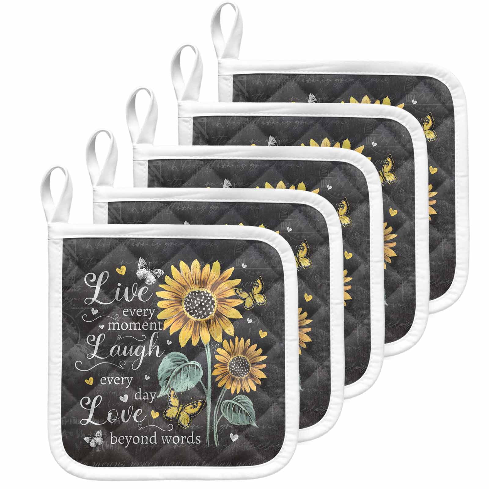 Retro Sunflower Pot Holders for Kitchen Heatproof Potholder, 5 Pack Spring Summer Farmhouse Floral Butterfly Hot Pads Multipurpose Oven Pads Cloth Potholders Trivet for Cooking Baking