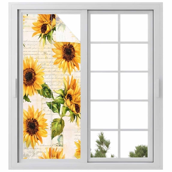 Retro Sunflower Privacy Window Film, Decorative Frosted Glass Window Film, Watercolor Letter Flowers Reusable Peel and Stick Static Cling for Home Bathroom Office Glass Door 23.6"x59"