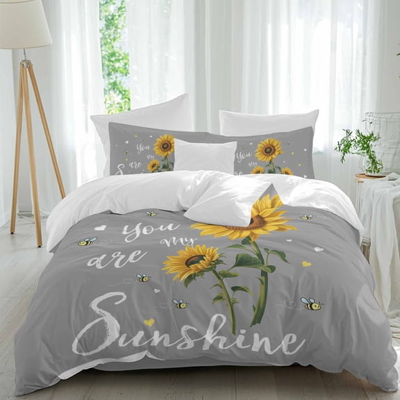 Retro Sunflower Queen Size Comforter Set, You Are My Sunshine Floral Bee Grey Background Bedding for All Seasons, 4 Pcs Bed Set, 1Quiltcover (90"x92") ,1Sheet(94"x116"), 2Pillowcases (30"x20")