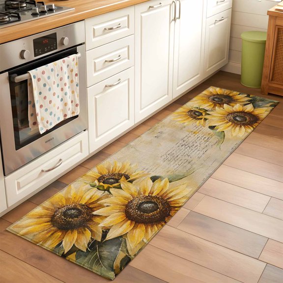 Retro Sunflower Runner Rugs 2x6 ft Pastoral Floral Painting Newspaper Background Washable Hallway Rugs Non-Slip Floor Mats Absorbent Carpet Bedside Runners for Bedroom Kitchen Bathroom Laundry Room