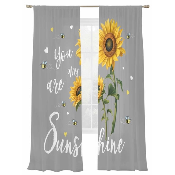 Retro Sunflower Sheer Curtains 2 Panels Set You Are My Sunshine Floral Bee Grey Background Sheer Window Curtains Light Filtering Rod Pocket Voile Drapes for Bedroom Living Room 52"X84"
