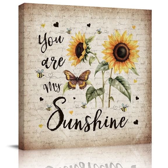 Retro Sunflower Sunshine Quote Canvas Artwork Painting Art, Butterfly Floral Bee on Letter Square Framed Wall Decorations Prints Picture for Bedroom Kitchen Living Room, 16x16 in