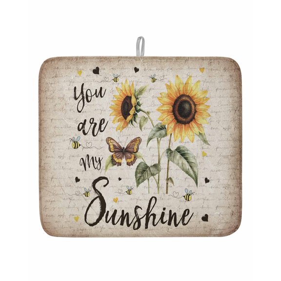 Retro Sunflower Sunshine Quote Dish Drying Mats for Kitchen Counter,Absorbent Microfiber Dish Drainer Rack Mat Butterfly Floral Bee on Letter Drying Pad for Sinks,Utensils,Countertops,16x18in